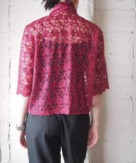 Floral Pattern Lace Sheer Half Sleeve Shirt BUR