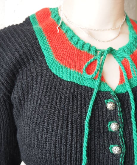 1970-80's Euro Vintage Tyrolean Cardigan BK RE GN