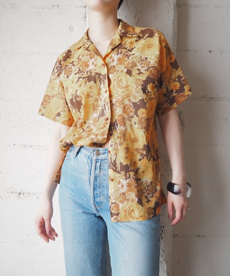 1960-70's Vintage Floral Print Open Collar Shirt YE OR