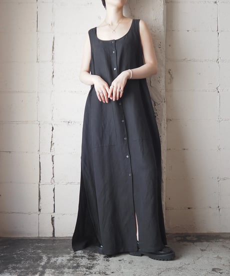 Front Button Racer Back Sleeveless Linen Dress BK