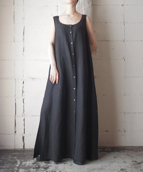 Front Button Racer Back Sleeveless Linen Dress BK