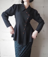 Asymmetric Button Lace Panel Peplum Blouse BK