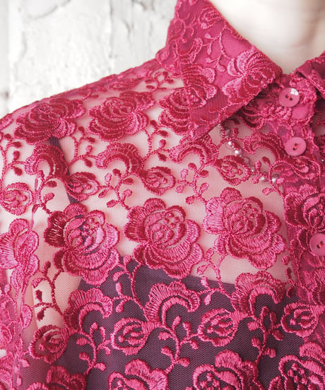 Floral Pattern Lace Sheer Half Sleeve Shirt BUR