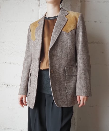 Herring Bone Tweed×Leather Tailored Jacket BR