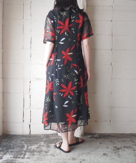 Open Collar Botanical Pattern Short Sleeve Dress BK RE