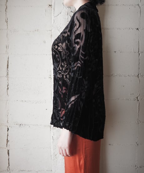 Crinkled Opal Velvet Sheer Floral Shirt BK