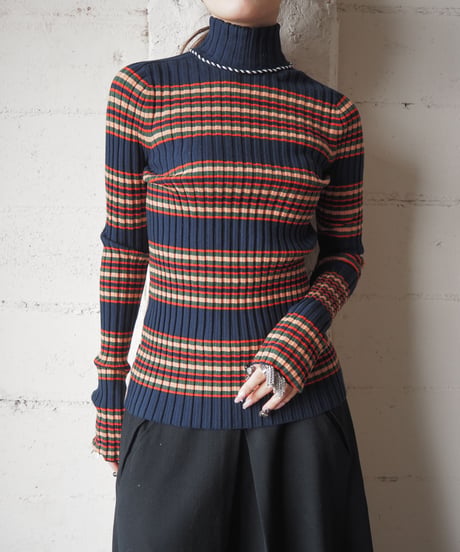 TORY BURCH Striped High Neck Rid Knit Top NVBEPI
