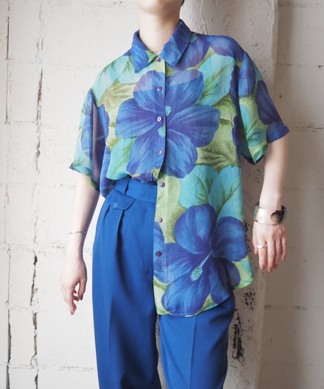 Big Flower Pattern Short Sleeve Sheer Shirt BL LBL LGN