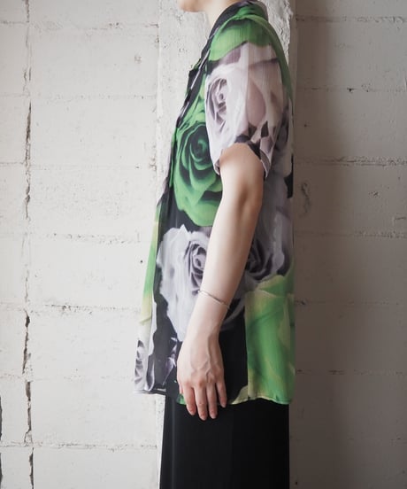 Rose Print Pleated Bosom Short Sleeve Shirt GN GR