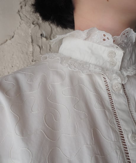 1970-80's Euro Stand Collar Cutwork LaceBlouse WH