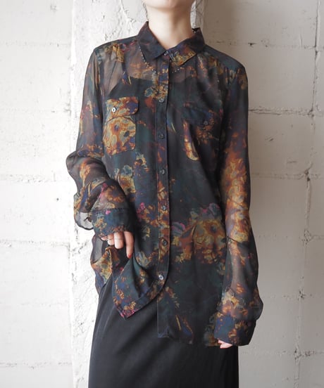 Eddie Bauer Botanical Pattern Sheer Shirt BKGNYE