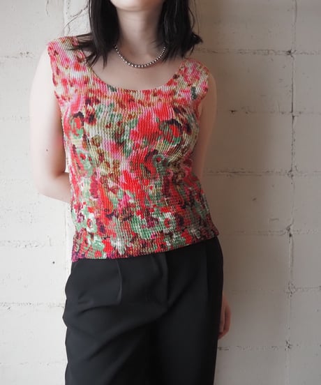 Flower Mosaic Pleated Sleeveless Top PI RE GN PUR