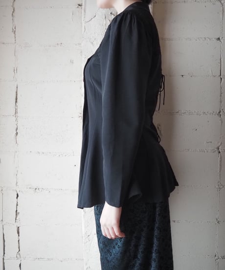 Asymmetric Button Lace Panel Peplum Blouse BK
