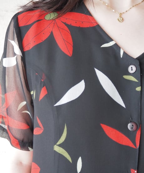 Open Collar Botanical Pattern Short Sleeve Dress BK RE