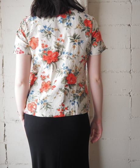 Short Sleeve Eyelet Tropical Hibiscus  Shirt IV RE GN BL