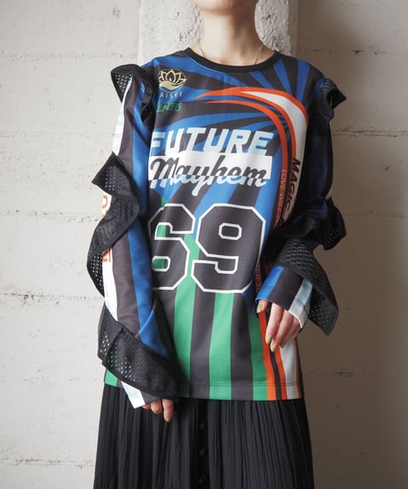KENZO Mesh Frill Design Sleeve Football Tee BK BL