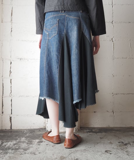 Denim × Black Cotton Asymmetric Design Skirt NV BK