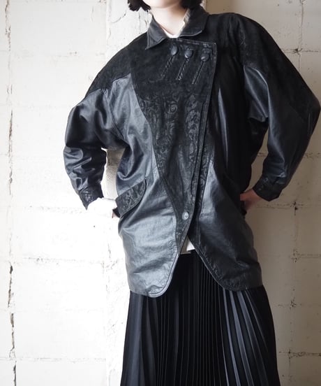 G-Ⅲ Botanical Print Asymmetric Design Leather Jacket BK