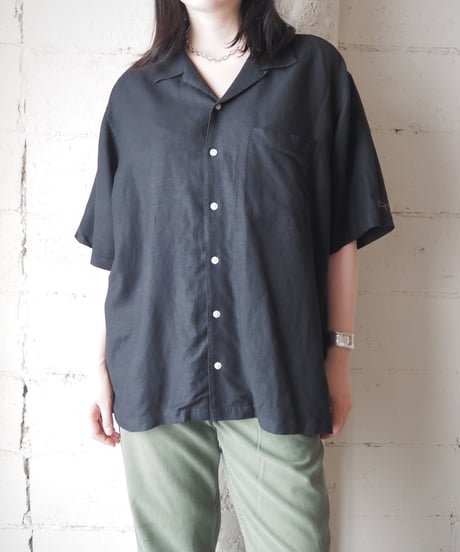 Open Collar Short Sleeve Rayon Linen Blend Shirt BK
