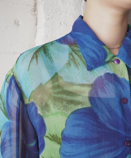 Big Flower Pattern Short Sleeve Sheer Shirt BL LBL LGN