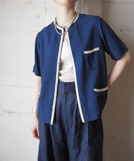 1960-70's White Piping Open Front Cardigan BL