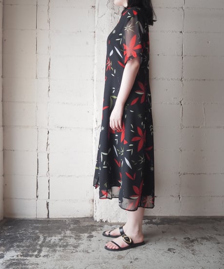 Open Collar Botanical Pattern Short Sleeve Dress BK RE