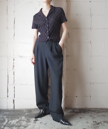 Pattern Crochet S/S Open Collar Shirt PURBK
