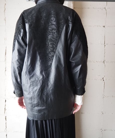 G-Ⅲ Botanical Print Asymmetric Design Leather Jacket BK