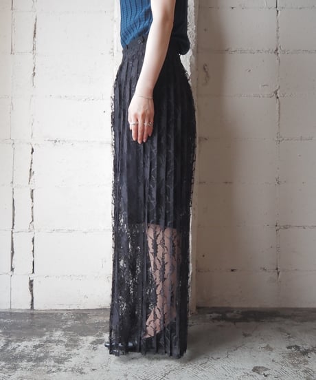 Flower Lace See-through Pleats Pants BK