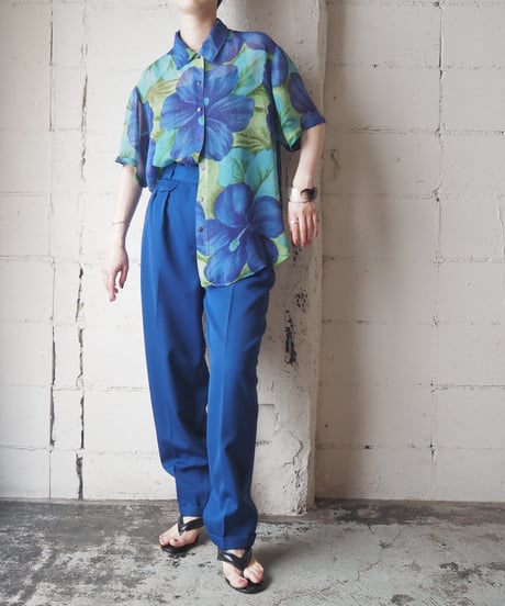 Big Flower Pattern Short Sleeve Sheer Shirt BL LBL LGN