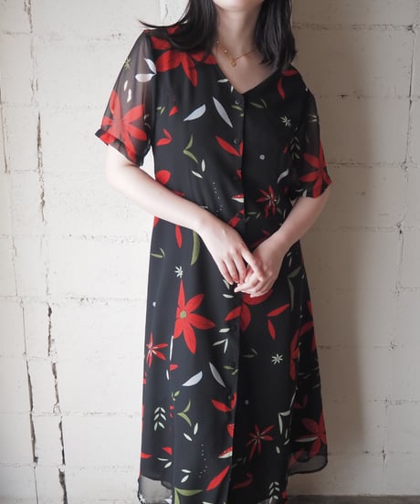 Open Collar Botanical Pattern Short Sleeve Dress BK RE