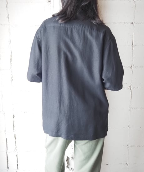 Open Collar Short Sleeve Rayon Linen Blend Shirt BK