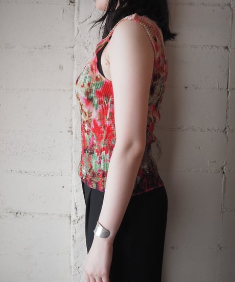 Flower Mosaic Pleated Sleeveless Top PI RE GN PUR