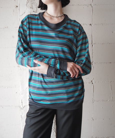 Multi Color Boder Acrylic Long Sleeve Tee GN BK