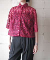 Floral Pattern Lace Sheer Half Sleeve Shirt BUR