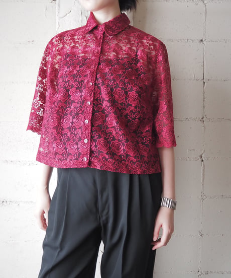 Floral Pattern Lace Sheer Half Sleeve Shirt BUR