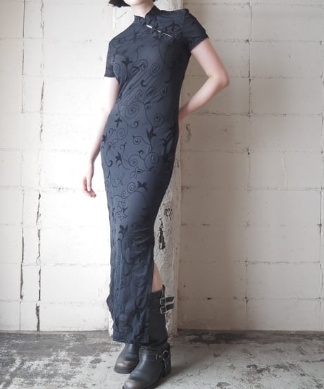 Flock Print Botanical Pattern China Dress BK