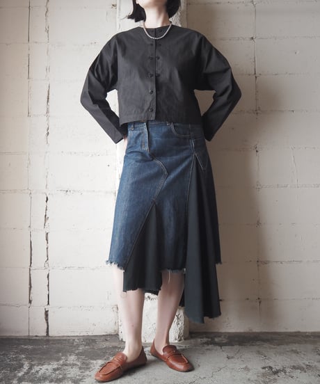 Denim × Black Cotton Asymmetric Design Skirt NV BK