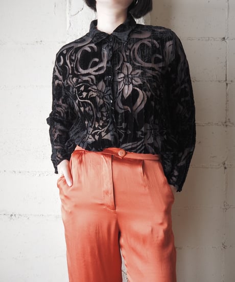Crinkled Opal Velvet Sheer Floral Shirt BK