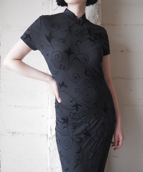 Flock Print Botanical Pattern China Dress BK