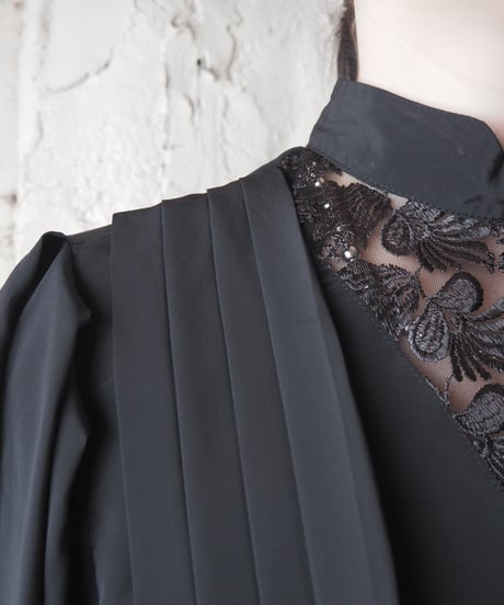 Made in France Embroidered Lace Mock Neck Draped Blouse BK