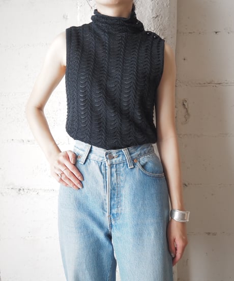 LAUREN Scallop High Neck Sleeveless Knit BK