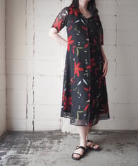 Open Collar Botanical Pattern Short Sleeve Dress BK RE