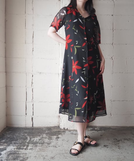 Open Collar Botanical Pattern Short Sleeve Dress BK RE