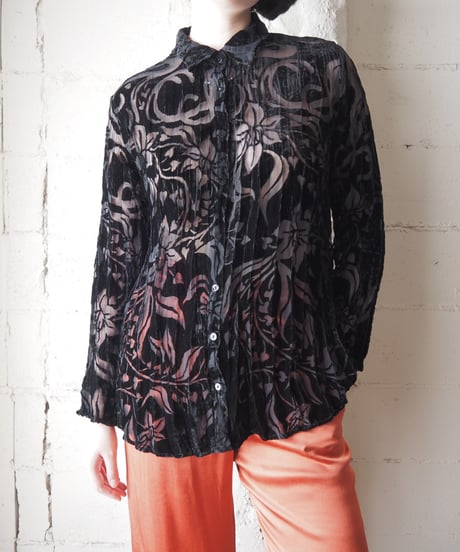 Crinkled Opal Velvet Sheer Floral Shirt BK