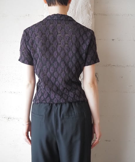 Pattern Crochet S/S Open Collar Shirt PURBK