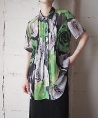 Rose Print Pleated Bosom Short Sleeve Shirt GN GR