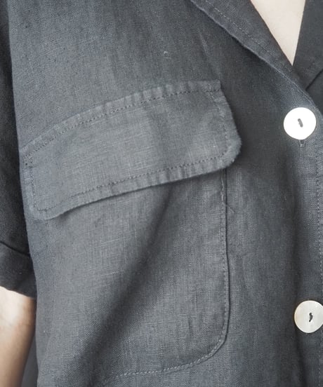 Open Collar Linen S/S Shirt BK