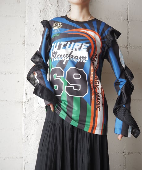 KENZO Mesh Frill Design Sleeve Football Tee BK BL