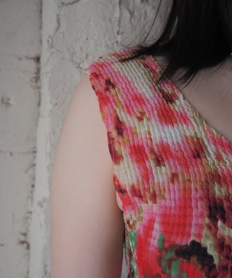 Flower Mosaic Pleated Sleeveless Top PI RE GN PUR